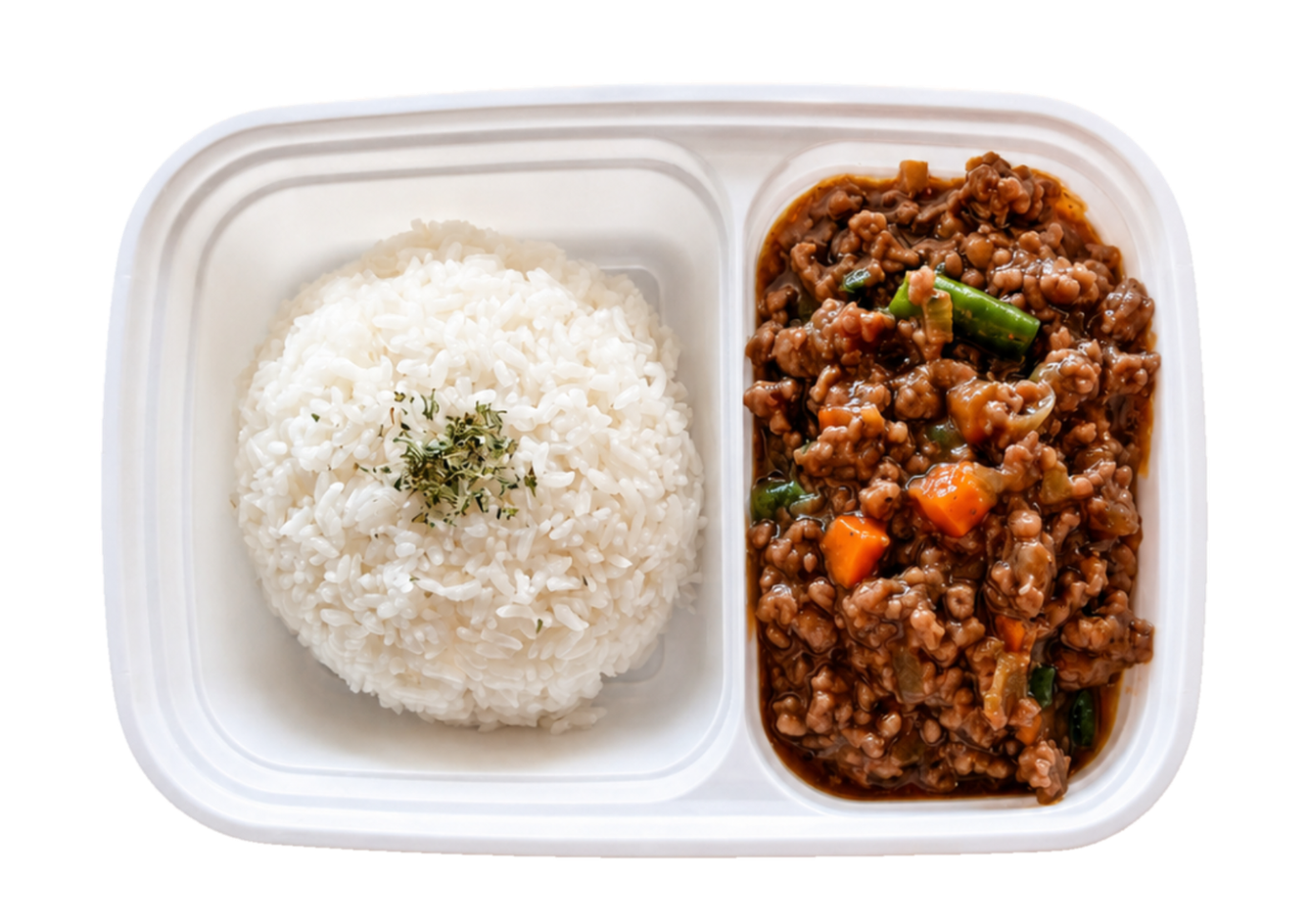 Black Pepper Beef Box with rice, beef, green beans, and carrots