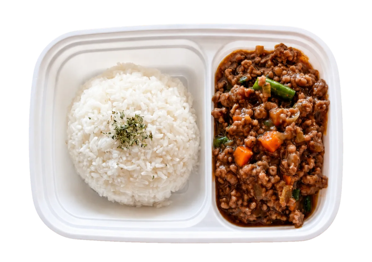 Black Pepper Beef (Halal) rice box with beef, green beans, and carrots