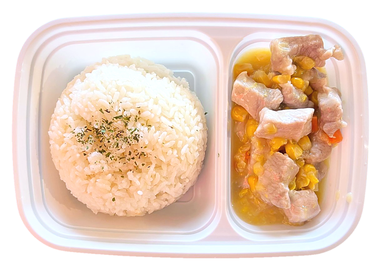 Corn and Pork Box with rice, pork, and sweet corn sauce