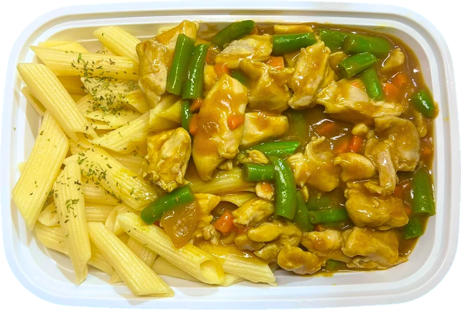 Curry Chicken penne box with halal chicken, green beans, and carrots