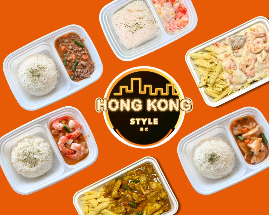 Hong Kong style takeout boxes with rice and penne — beef, chicken, curry, and shrimp