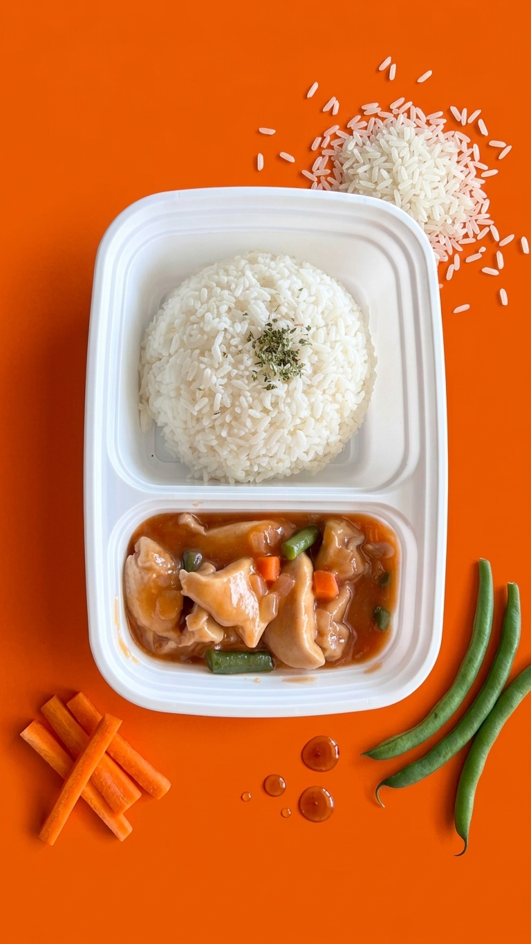 GoBox Kitchen rice and chicken meal box on orange background