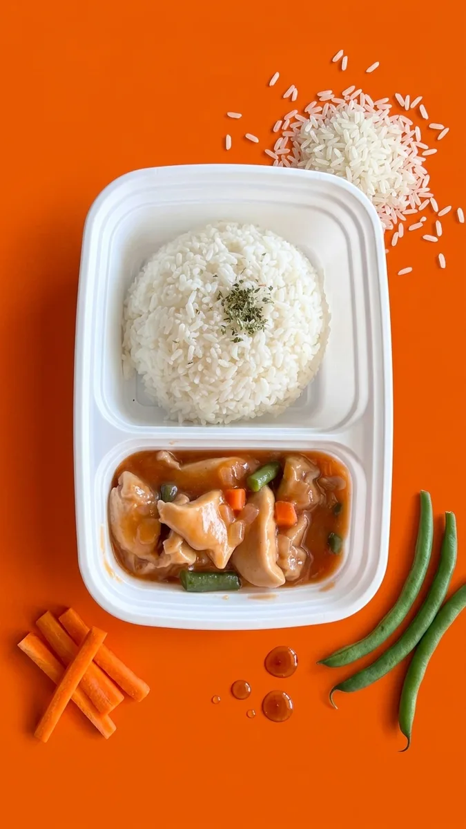 GoBox Kitchen rice and chicken meal box on orange background