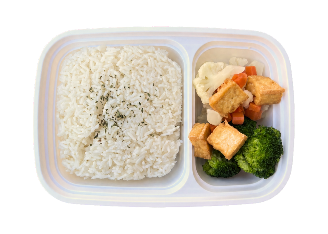 Veggie Tofu Box with hot white rice, tofu, and mixed vegetables