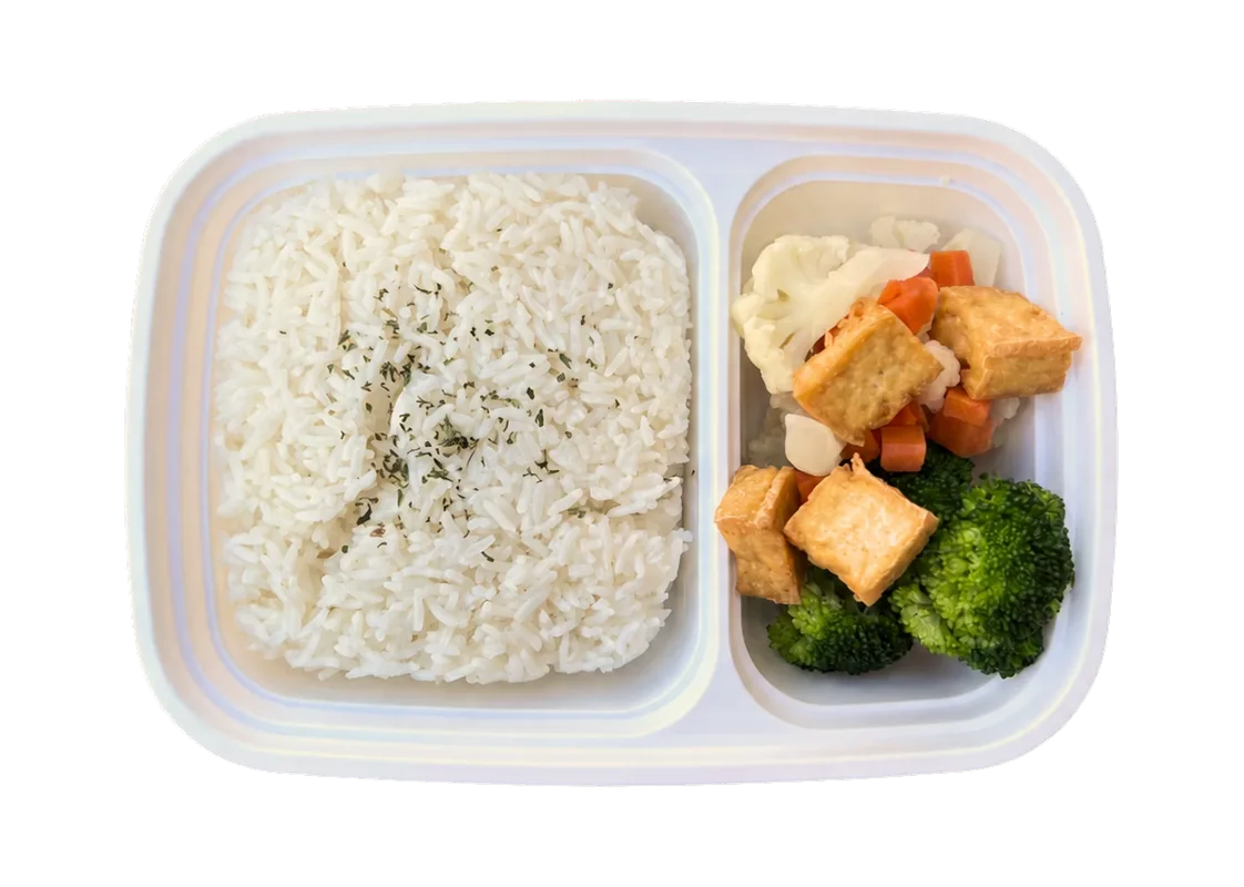 Veggie Tofu Box with hot white rice, tofu, and mixed vegetables
