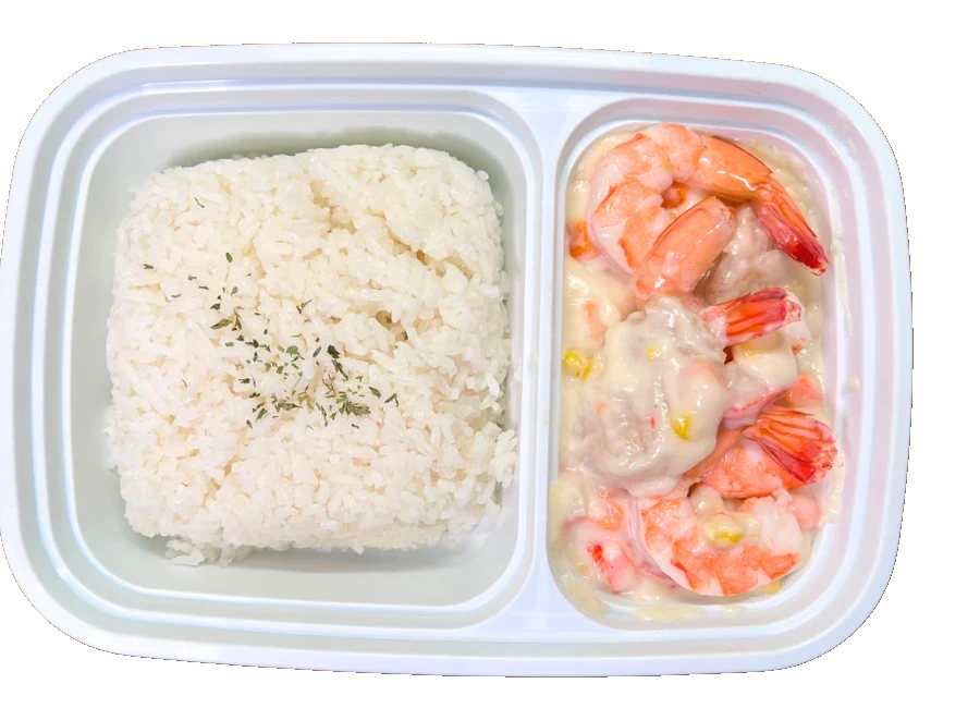 White Cream Seafood rice box with shrimp and fish