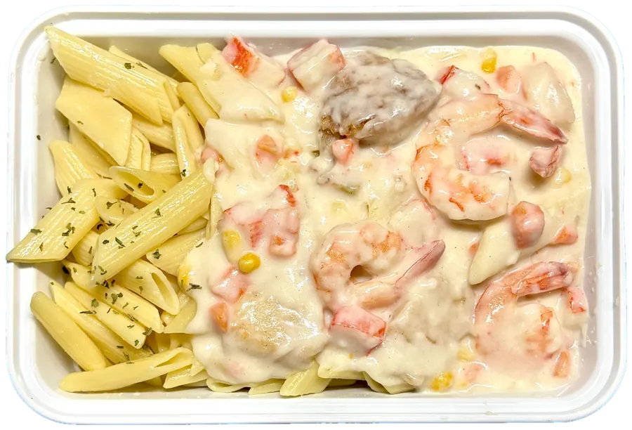 White Cream Seafood penne box with shrimp and fish